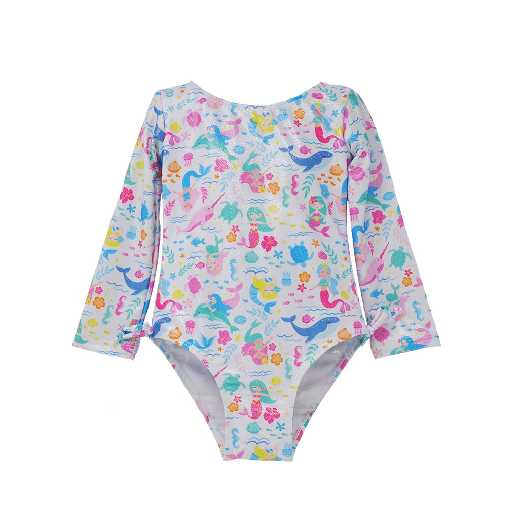 Flap Happy Kids UPF 50 Long sleeve  Rash Guard swimsuit Mermaid Friends for sun protection. The Print is white background with colorful mermaids. surrounded with whales, fish, and turtles.
