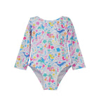 Flap Happy Kids UPF 50 Long sleeve  Rash Guard swimsuit Mermaid Friends for sun protection. The Print is white background with colorful mermaids. surrounded with whales, fish, and turtles.