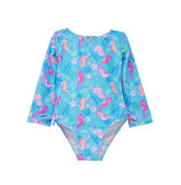 lap Happy Kids UPF 50 Long sleeve  Rash Guard swimsuit Seahorse Garden  for sun protection. The Print is Blue with Orange and Pink seahorses. surrounded by under the sea leaves and flowers. 