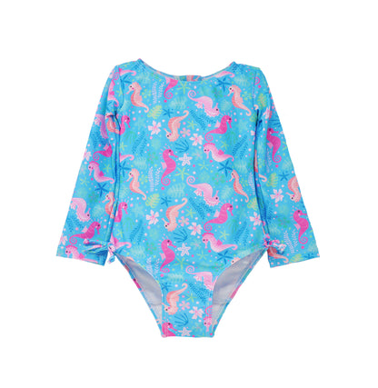 lap Happy Kids UPF 50 Long sleeve  Rash Guard swimsuit Seahorse Garden  for sun protection. The Print is Blue with Orange and Pink seahorses. surrounded by under the sea leaves and flowers. 