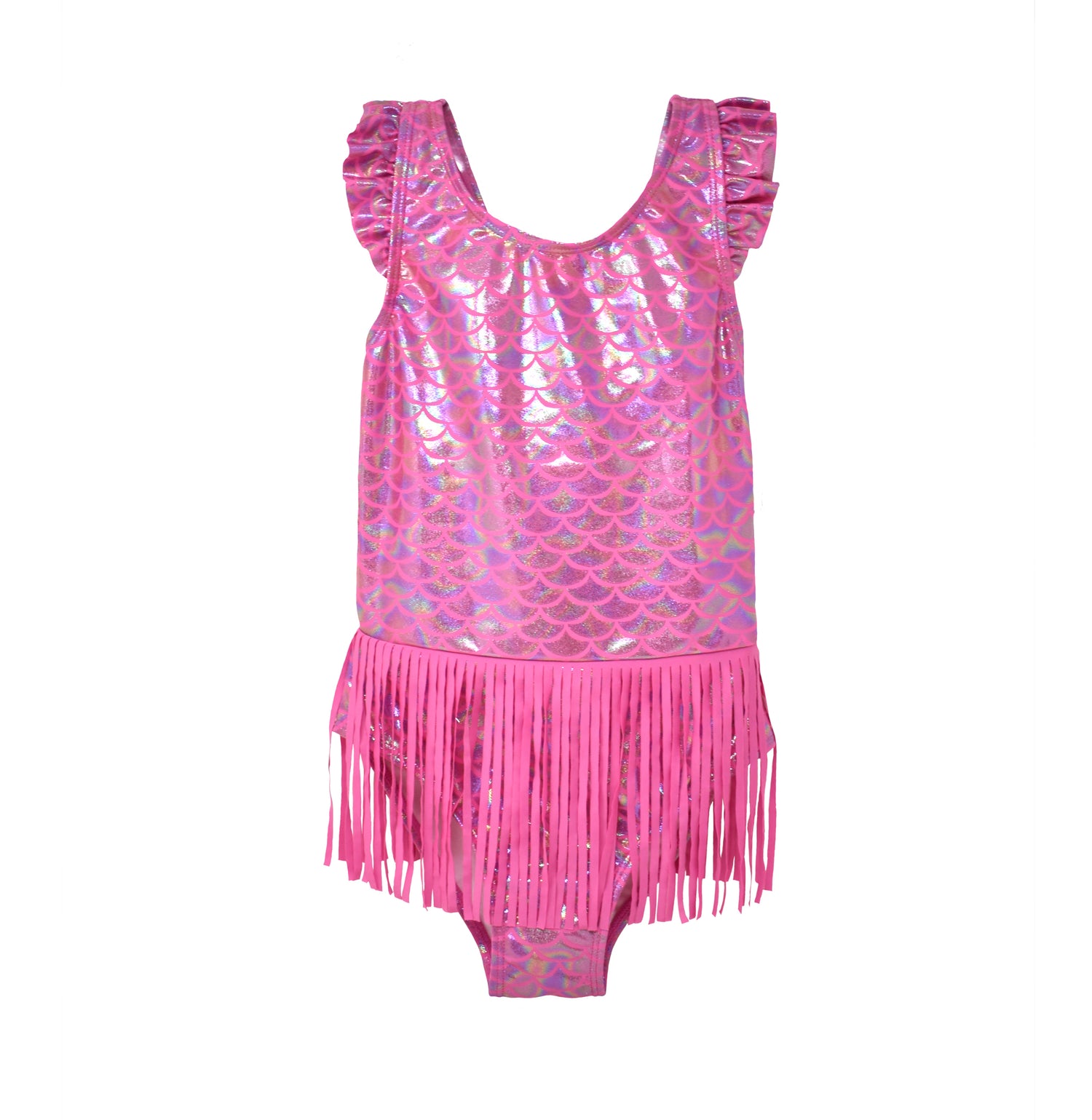 UPF 50+ Keilani One-Piece Swimsuit - Shiny Pink Scales. One piece swimsuit made of hot pink shiny mermaid scale fabric, with ruffles on the shoulders and a fringe skirt.