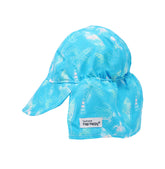 Flap Happy Kids UPF 50+ Original Flap Hat Sun Hat in Coco Beach Turtle for sun protection. . The Print is Turquoise with watercolor turtles. surfboards and palm trees.