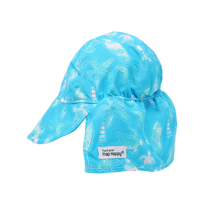 Flap Happy Kids UPF 50+ Original Flap Hat Sun Hat in Coco Beach Turtle for sun protection. . The Print is Turquoise with watercolor turtles. surfboards and palm trees.