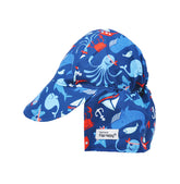 Flap Happy Kids UPF 50+ Original Flap Hat Sun Hat in Nautical Fun for sun protection. . The print has light blue icons of whales, octopus, and pirate starfishes, also with red crabs.