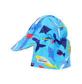 Flap Happy Kids UPF 50+ Original Flap Hat Sun Hat in Ocean Fiesta for sun protection. . The print has colorful fish, whales and stink rays.