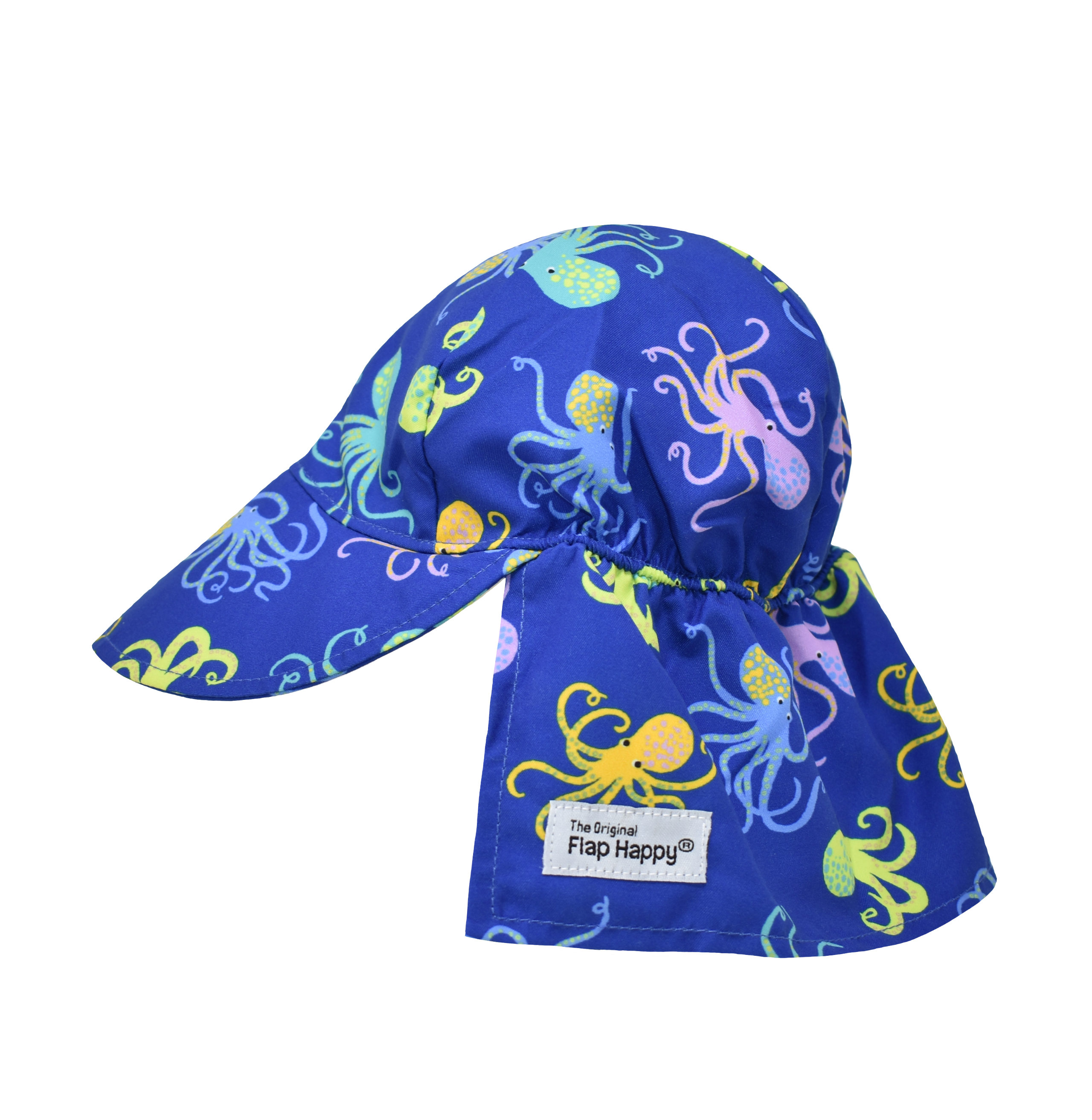 UPF 50+ Original Flap Hat - Octo-Pop. Dark blue hat with multicolored green, blue, orange and purple octopi. 