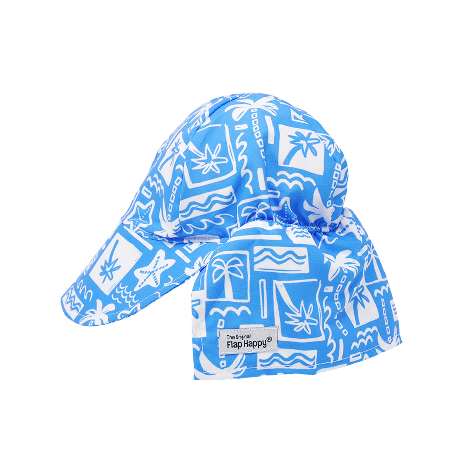 Flap Happy Kids UPF 50+ Original Flap Hat Sun Hat in Seaside Palm for sun protection. . The print has white icons of palm trees, water waves and starfish on a blue background.