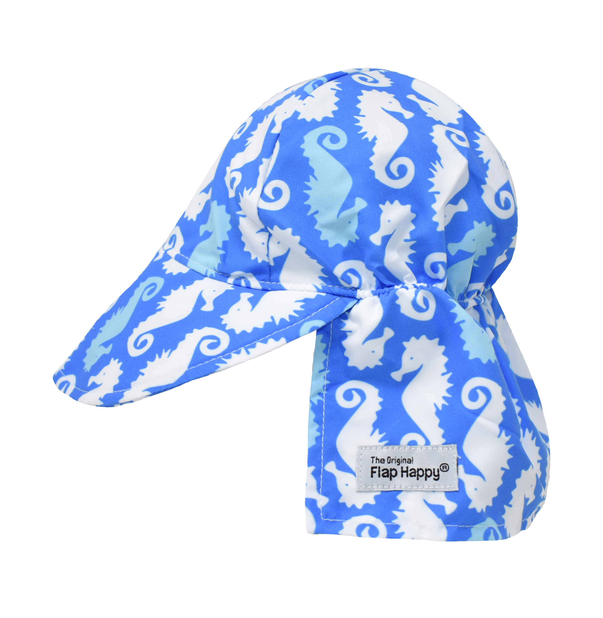 UPF 50+ Original Flap Hat - Seahorse Parade Blue. Blue hat with light blue and white seahorses. 