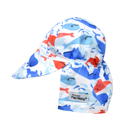UPF 50+ Original Flap Hat - Splish Splash Whale Blue. White hat with red, light blue and dark blue watercolor whales.