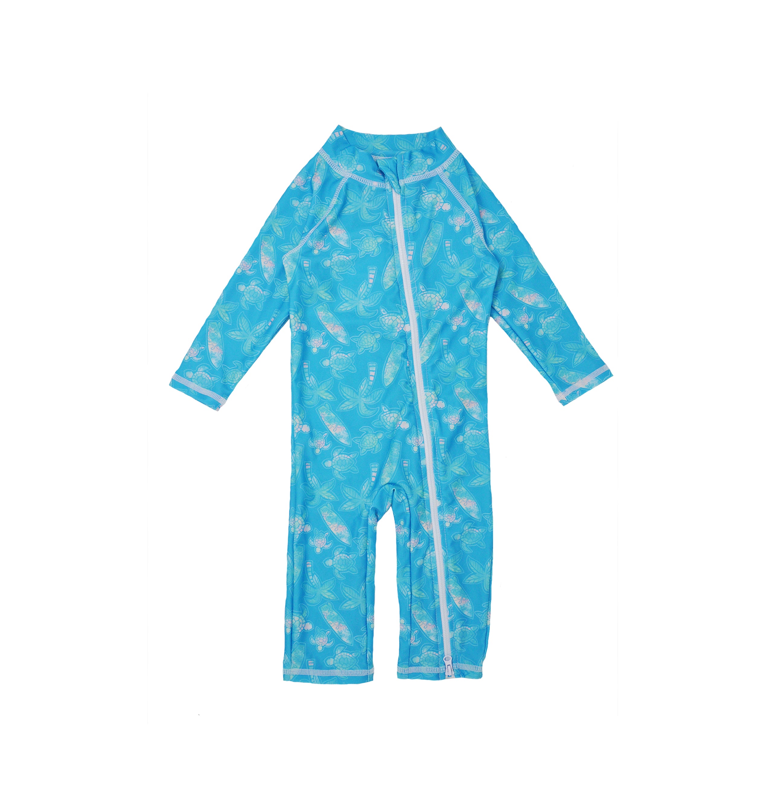 Flap Happy Kids UPF 50+ Long Surf Swimsuit- Ankle Length in Coco Beach Turtle for sun protection. The Print is Turquoise with watercolor turtles. surfboards and palm trees.