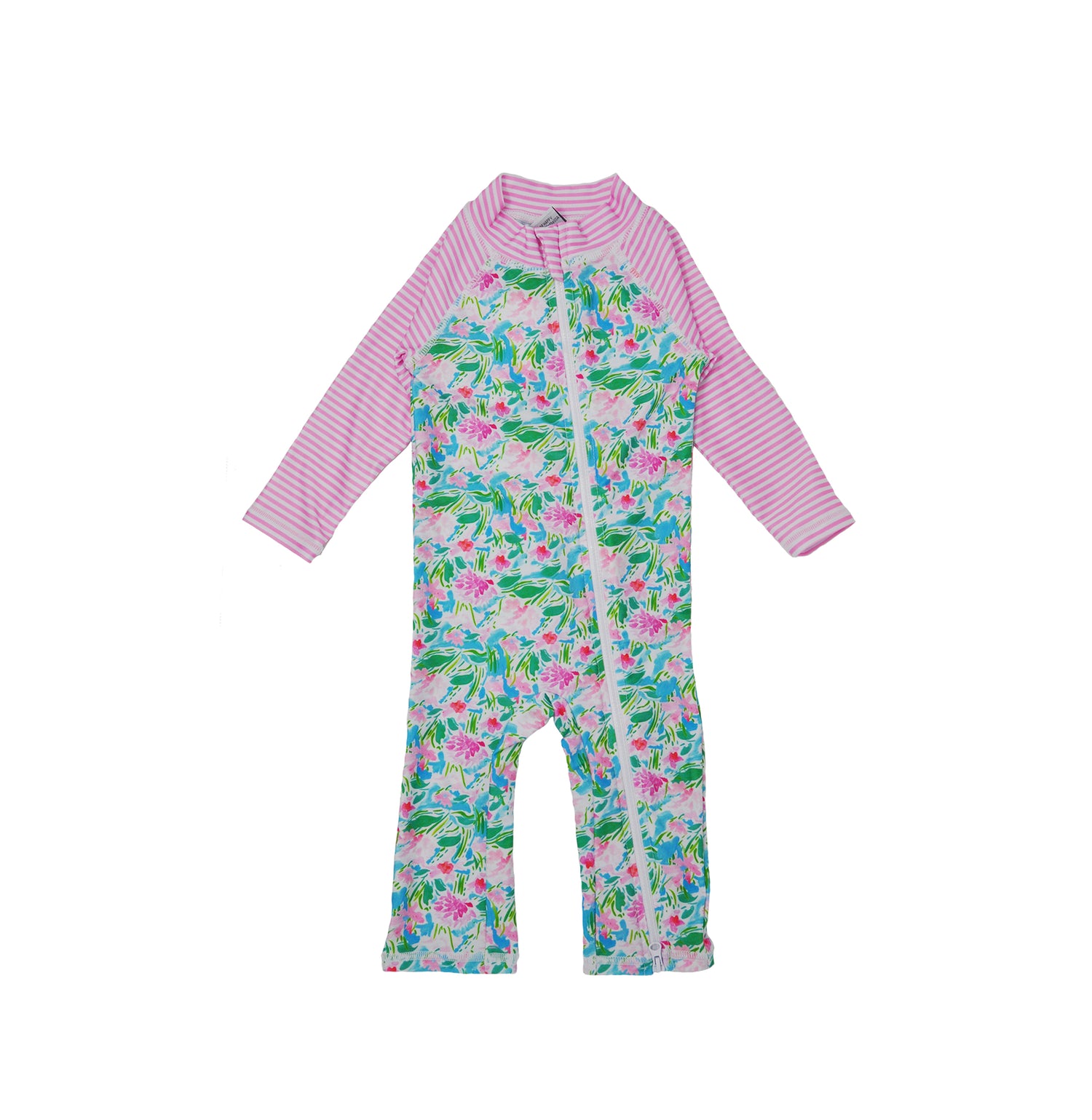 Flap Happy Kids UPF 50+ Long Surf Swimsuit- Ankle Length in Lotus and Lillies for sun protection. The Print is white background with green Lotus and Pink Lillies.