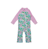 Flap Happy Kids UPF 50+ Long Surf Swimsuit- Ankle Length in Lotus and Lillies for sun protection. The Print is white background with green Lotus and Pink Lillies.