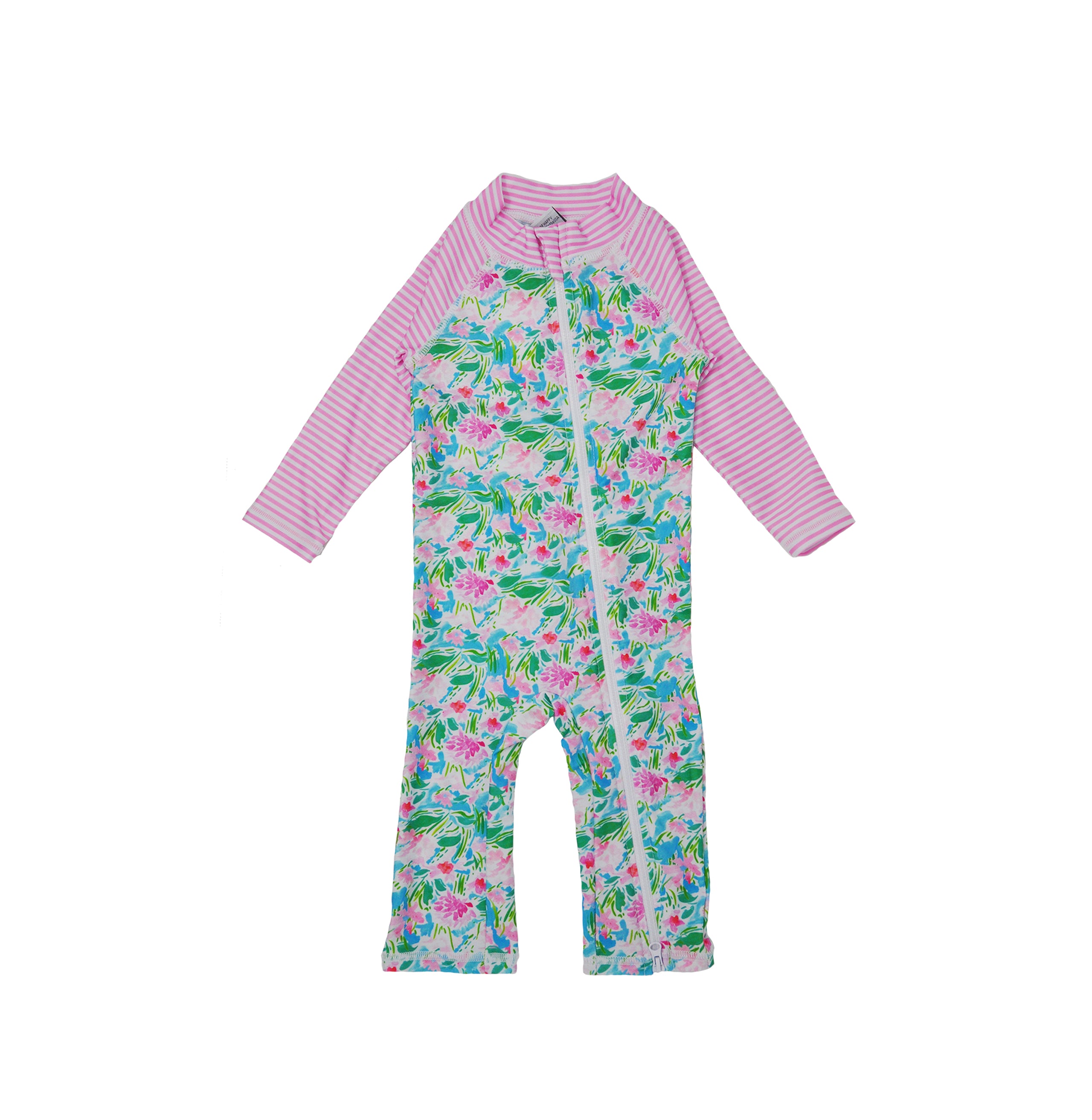 Flap Happy Kids UPF 50+ Long Surf Swimsuit- Ankle Length in Lotus and Lillies for sun protection. The Print is white background with green Lotus and Pink Lillies.
