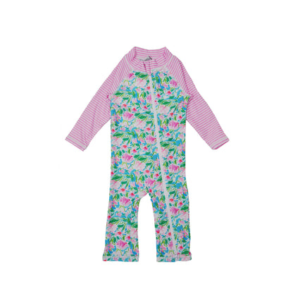 Flap Happy Kids UPF 50+ Long Surf Swimsuit- Ankle Length in Lotus and Lillies for sun protection. The Print is white background with green Lotus and Pink Lillies.