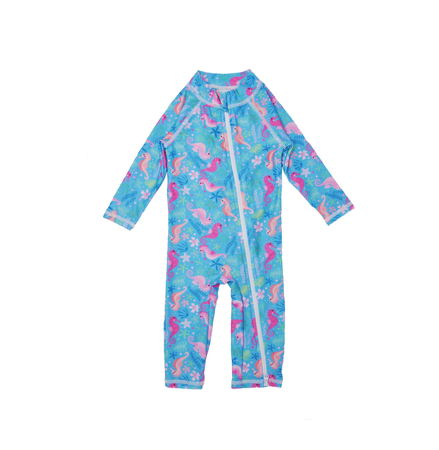 Flap Happy Kids UPF 50+ Long Surf Swimsuit- Ankle Length in Seahorse Garden for sun protection. The Print is Blue background with Orange and Pink seahorses. surrounded by under the sea leaves and flowers.