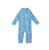 Flap Happy Kids UPF 50+ Long Surf Swimsuit- Ankle Length in Seahorse Garden for sun protection. The Print is Blue background with Orange and Pink seahorses. surrounded by under the sea leaves and flowers.