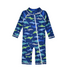 UPF 50+ Long Surf Swimsuit - Sharky. Navy blue, long sleeve romper with bright green, light blue and grey sharks. White full length zipper on front. Ankle length.