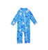 Flap Happy Kids UPF 50+ Long Surf Swimsuit- Ankle Length in Shark Cyclone for sun protection. The Print is Blue background with light blue sharks and small Orange fishes.