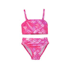 Flap Happy Kids UPF 50+ 3 piece Mermaid Swim Set for sun protection. The Print is pink scales with shimmer effect 