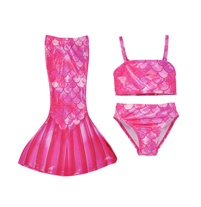 Flap Happy Kids UPF 50+ 3 piece Mermaid Swim Set for sun protection. The Print is pink scales with shimmer effect.