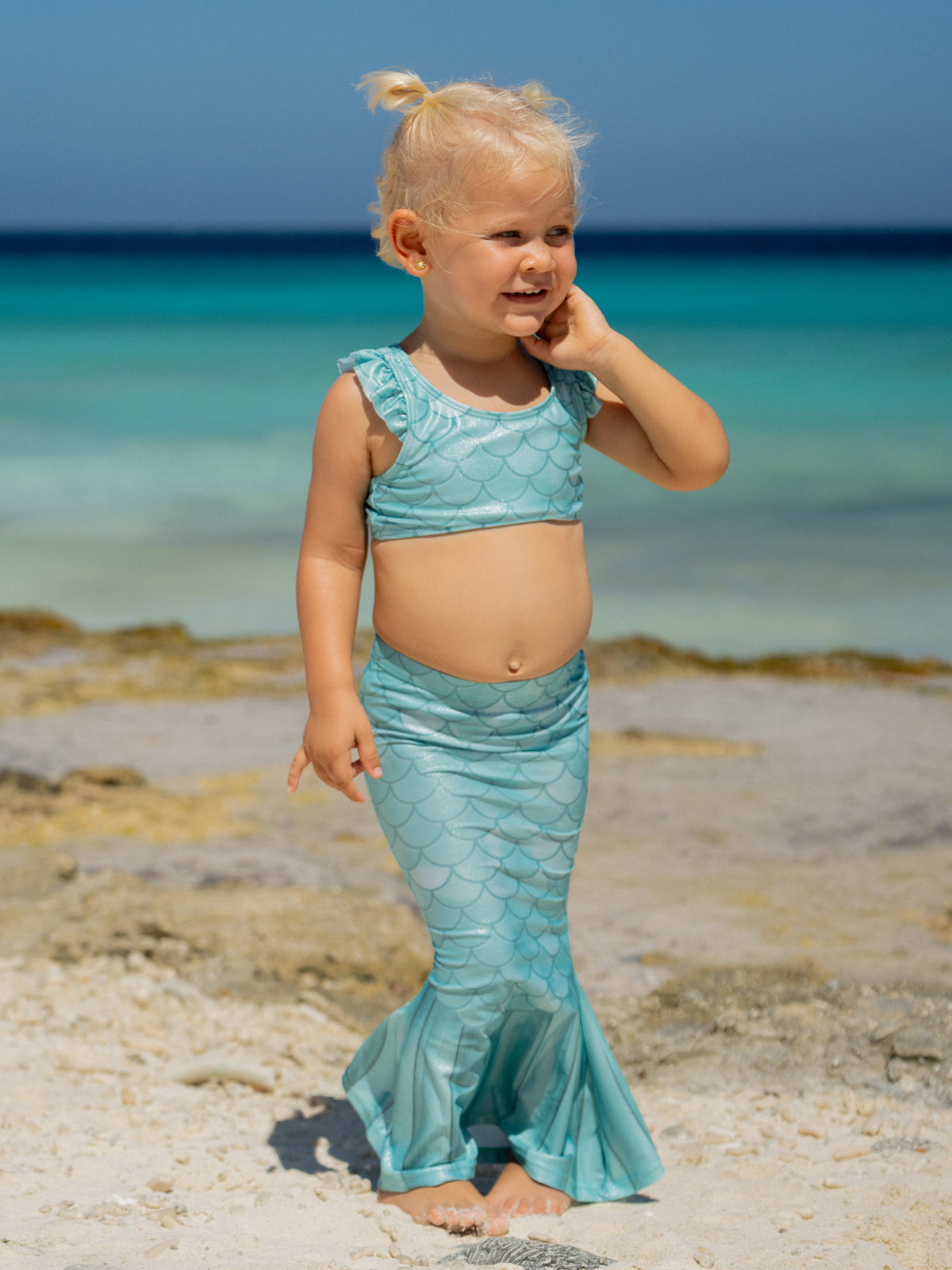 UPF 50+ 3 Piece Mermaid Swim Set w/ Ruffle Shoulder