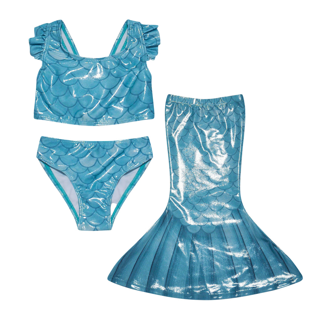 UPF 50+ 3 Piece Mermaid Swim Set w/ Ruffle Shoulder