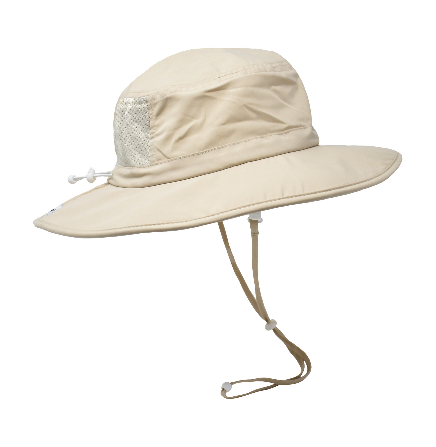 Kids UPF 50+ Kai Adventure Hat - Khaki. White mesh on back. White drawstrings and clasps.