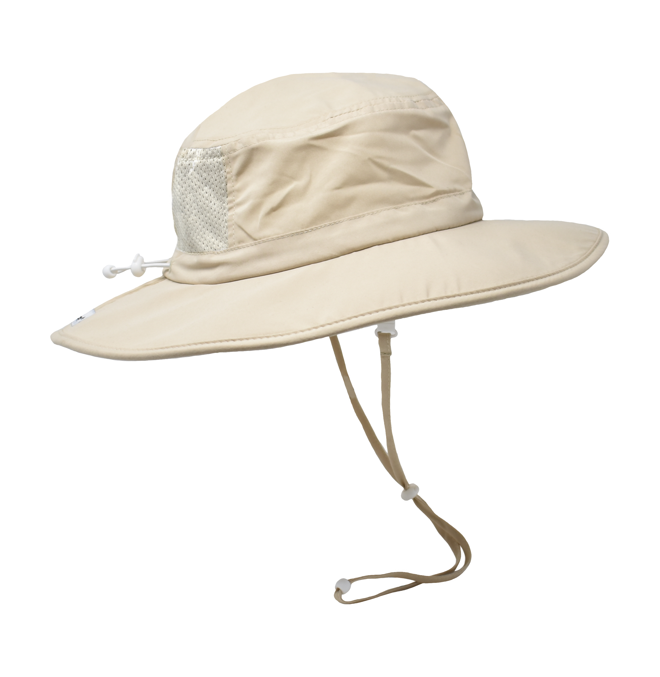 Kids UPF 50+ Kai Adventure Hat - Khaki. White mesh on back. White drawstrings and clasps.