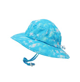 Flap Happy Kids UPF 50+ Kai Adventure Hat in Coco Beach Turtle. The Print is Turquoise with watercolor turtles. surfboards and palm trees.