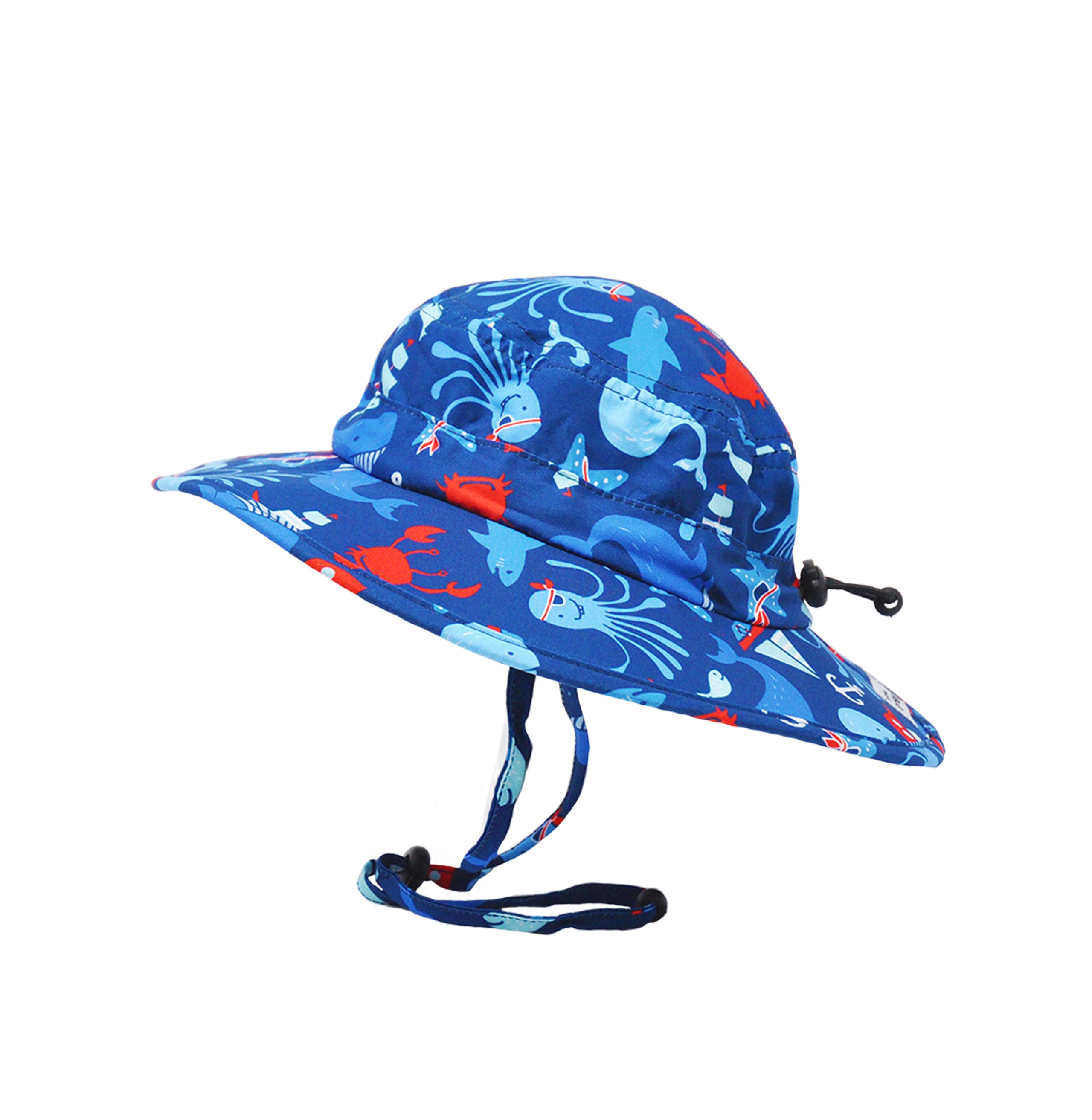 Flap Happy Kids UPF 50+ Kai Adventure Hat in Nautical Fun. The print has light blue sharks, octopus, sail boats and a bright red crab.