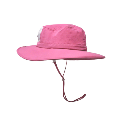 Kids UPF 50+ Kai Adventure Hat - Pink. White mesh on back. White drawstring and clasps.