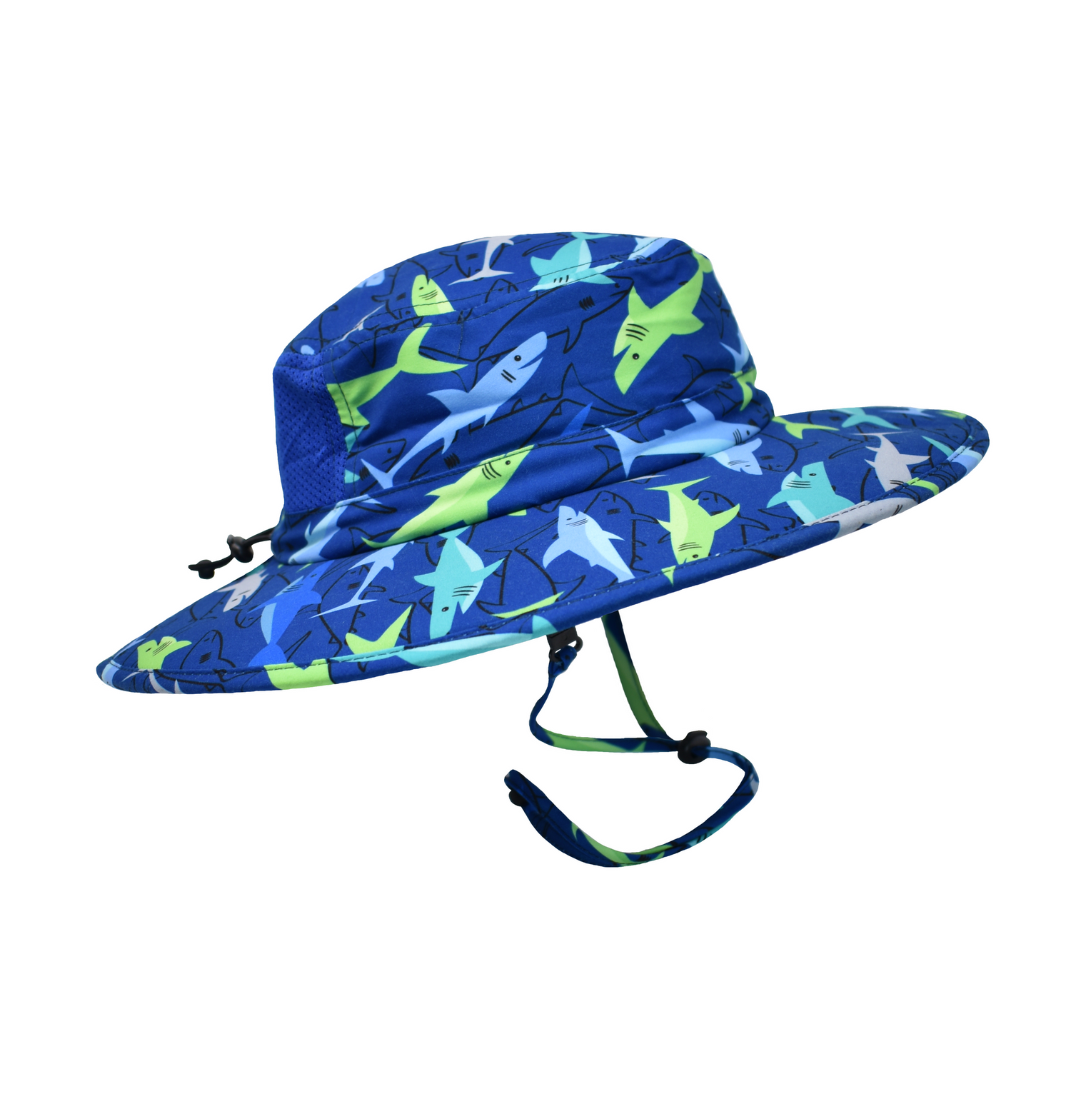 Kids UPF 50+ Kai Adventure Hat - Sharky. Navy hat with bright green, light blue and grey sharks. Navy mesh on back. Navy drawstring and clasps.