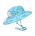 Kids UPF 50+ Kai Adventure Hat - Tortuga bay. Teal hat with dark teal turtle silhouettes, soft green palm trees, and white linework turtles. White mesh on back. White drawstring and clasps.