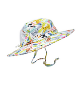 Kids UPF 50+ Kai Adventure Hat - Wild Jungle.  White hat with orange tigers, yellow cheetahs, grey sloths, black toucans, and multicolored leaves. White mesh on back. White drawstring and clasps.