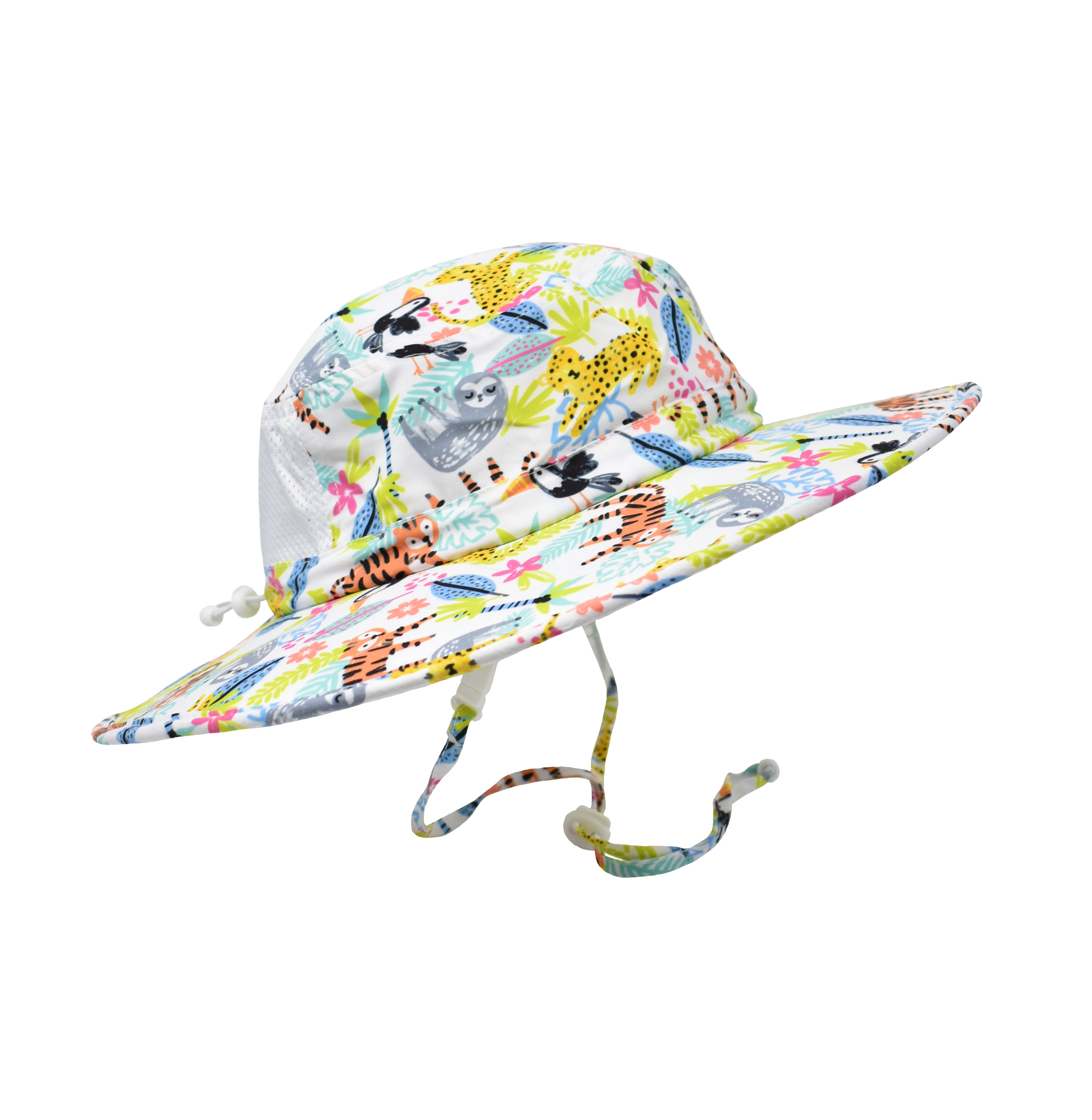 Kids UPF 50+ Kai Adventure Hat - Wild Jungle.  White hat with orange tigers, yellow cheetahs, grey sloths, black toucans, and multicolored leaves. White mesh on back. White drawstring and clasps.