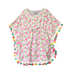 UPF 50+ Kaia Beach Swim Cover Up - Flamingo Party, white poncho with dark and light pink flamingos, pink and yellow hibiscus flowers, green palm trees and multicolor polka dots, with a multicolor pom-pom trim.