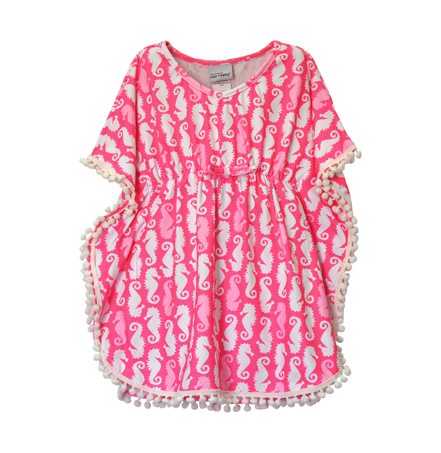 UPF 50+ Kaia Beach Swim Cover Up - Happy Pink Seahorses, hot pink poncho with white and light pink seahorses, and a white pom-pom trim.