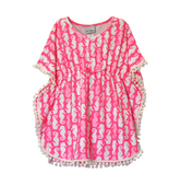 UPF 50+ Kaia Beach Swim Cover Up - Happy Pink Seahorses, hot pink poncho with white and light pink seahorses, and a white pom-pom trim.