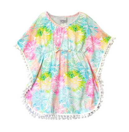 UPF 50+ Kaia Beach Swim Cover Up - Hibiscus Blooms, poncho in multicolor watercolor blue, orange, pink, yellow and green with white outline hibiscus flowers, and a whit pom-pom trim.