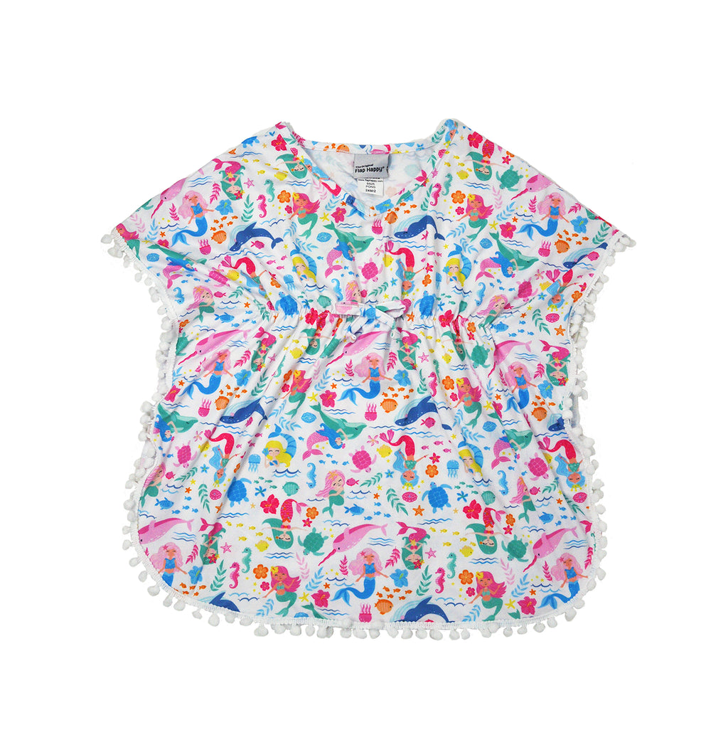 Flap Happy Kids UPF 50 Kaia Beach Swim Cover-up Mermaid Friends  for sun protection. The Print is White background with colorful Mermaids surrounded by whales, turtles, and fish.