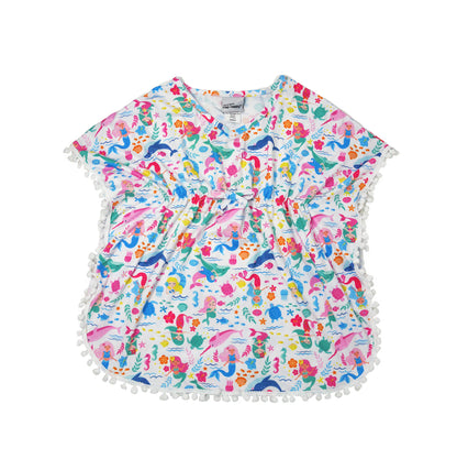 Flap Happy Kids UPF 50 Kaia Beach Swim Cover-up Mermaid Friends  for sun protection. The Print is White background with colorful Mermaids surrounded by whales, turtles, and fish.