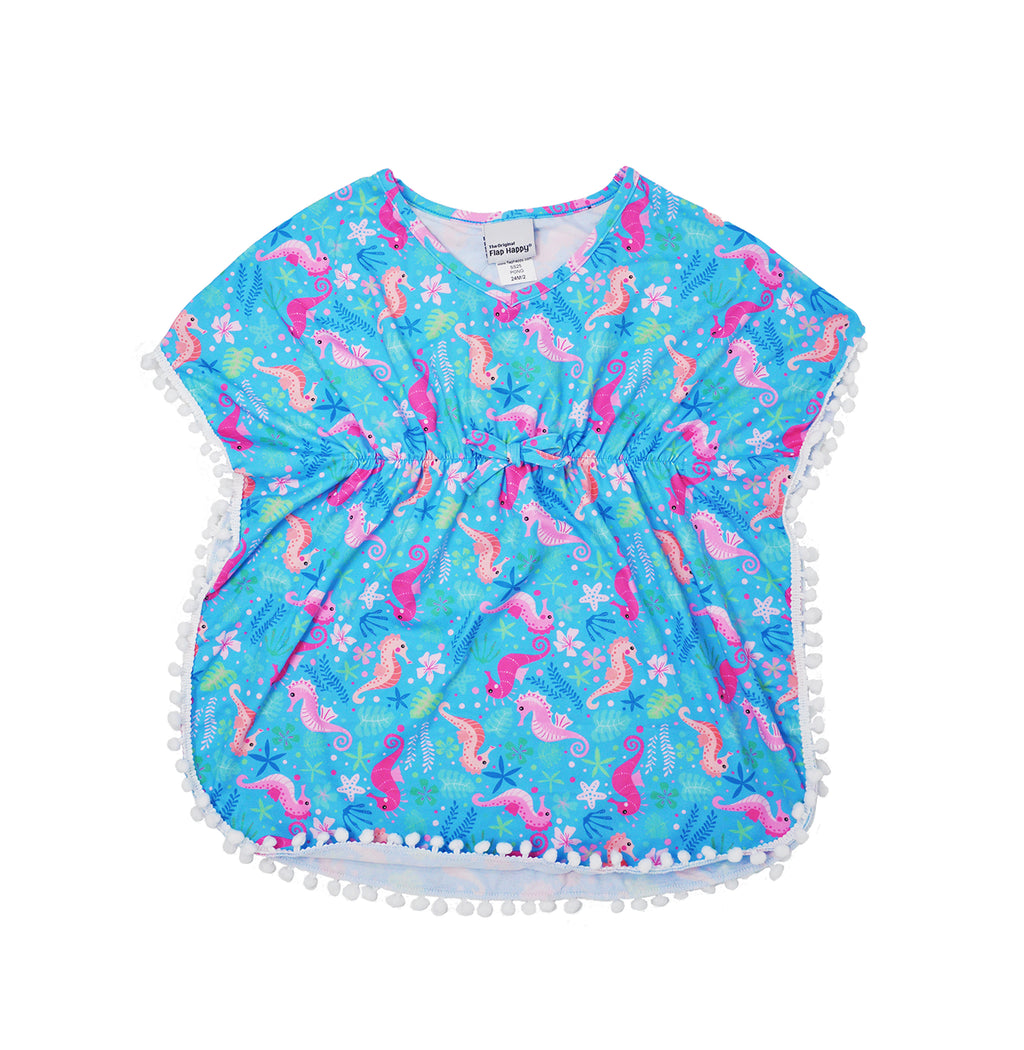 Flap Happy Kids UPF 50 Kaia Beach Swim Cover-up Seahorse Garden  for sun protection. The Print is Blue background with Orange and Pink seahorses. surrounded by leaves and flowers.