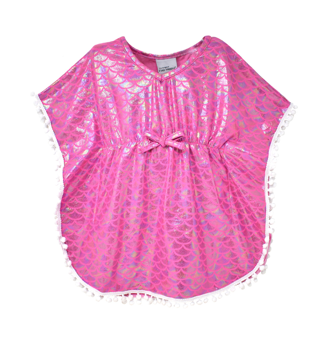 UPF 50+ Kaia Beach Swim Cover Up - Shiny Pink Scales, poncho cover up completely made of our hot pink shiny mermaid scale fabric, with white pom-pom trim.