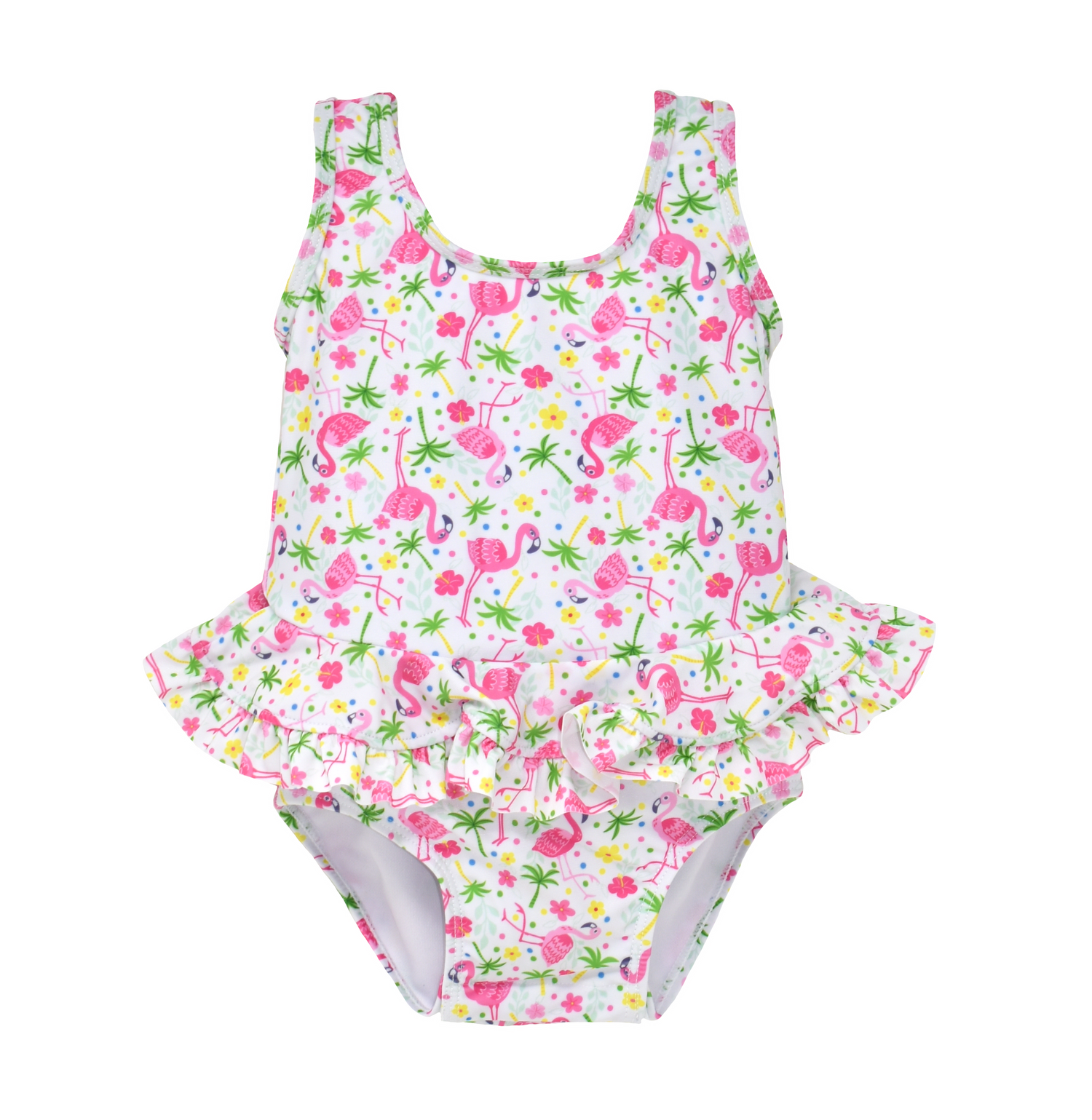UPF 50+ Stella Infant Ruffle Swimsuit - Flamingo Party.  White swimsuit with light and dark pink flamingos, green palm trees, pink and yellow hibiscus flowers, and multicolor polka dots.