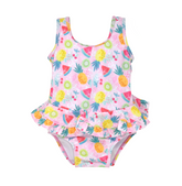 UPF 50+ Stella Infant Ruffle Swimsuit - Fruit Fiesta. Light pink swimsuit with watermelon, pineapple, kiwis, cherries and floral linework.