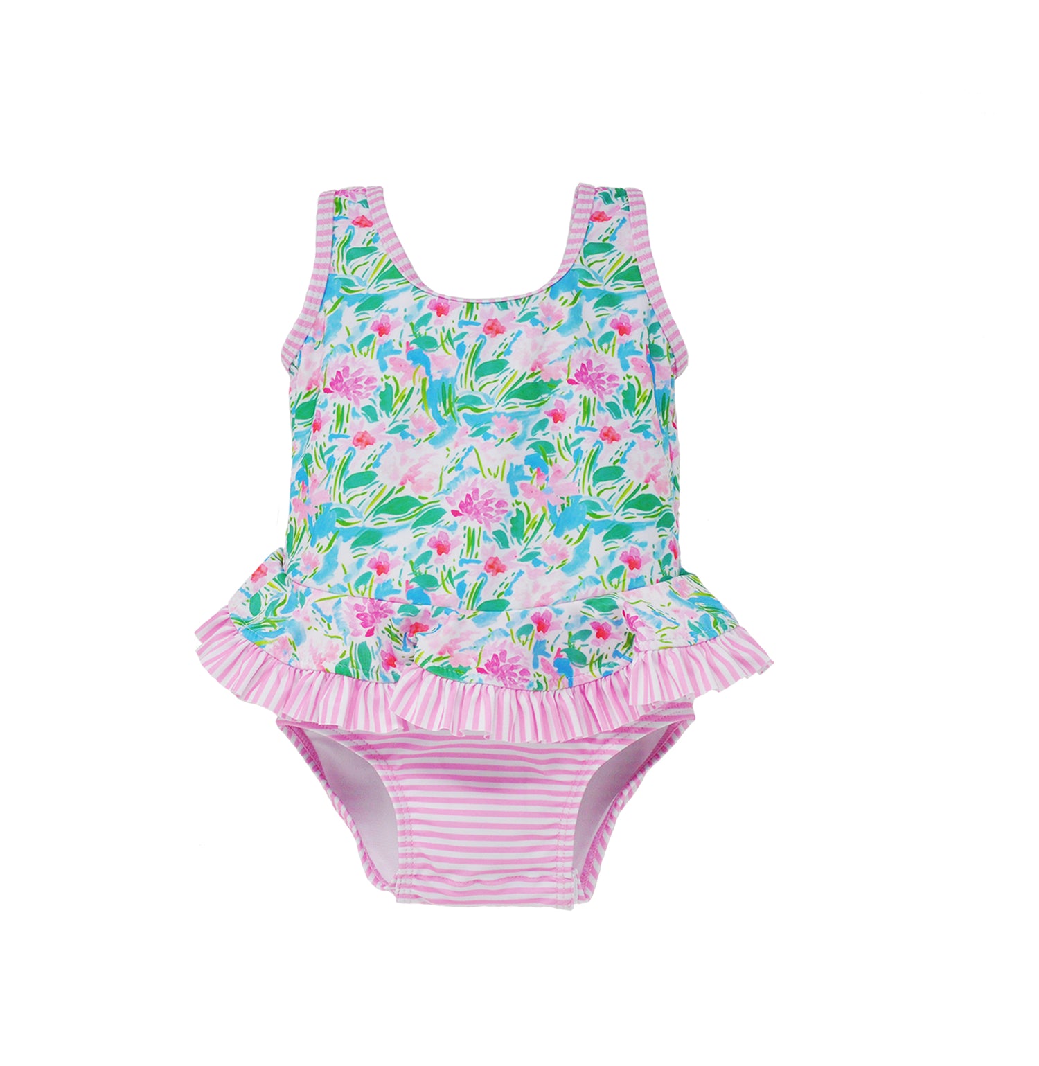 Flap Happy Kids UPF 50+ Infant Ruffle swimsuit in Lotus &amp; Lilies for sun protection. The Print has green Lotus and Pink Lilies. it also has sweet pink stripes.