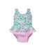 Flap Happy Kids UPF 50+ Infant Ruffle swimsuit in Lotus & Lilies for sun protection. The Print has green Lotus and Pink Lilies. it also has sweet pink stripes.