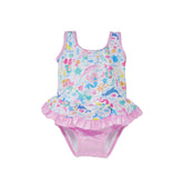 Flap Happy Kids UPF 50+ Infant Ruffle swimsuit in Mermaid Friends for sun protection. The Print is Pink with colorful mermaids, turtles and whales.