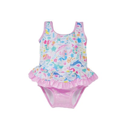 Flap Happy Kids UPF 50+ Infant Ruffle swimsuit in Mermaid Friends for sun protection. The Print is Pink with colorful mermaids, turtles and whales.