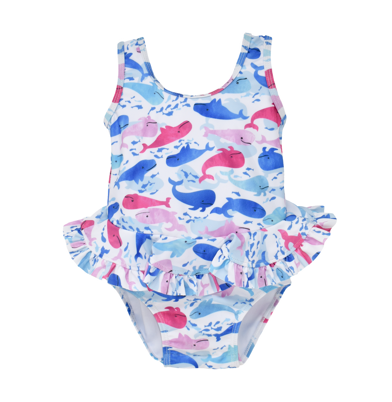 UPF 50+ Stella Infant Ruffle Swimsuit - Rosy Whales. White one-piece swimsuit with light and dark pink, and light and dark blue watercolor whales.